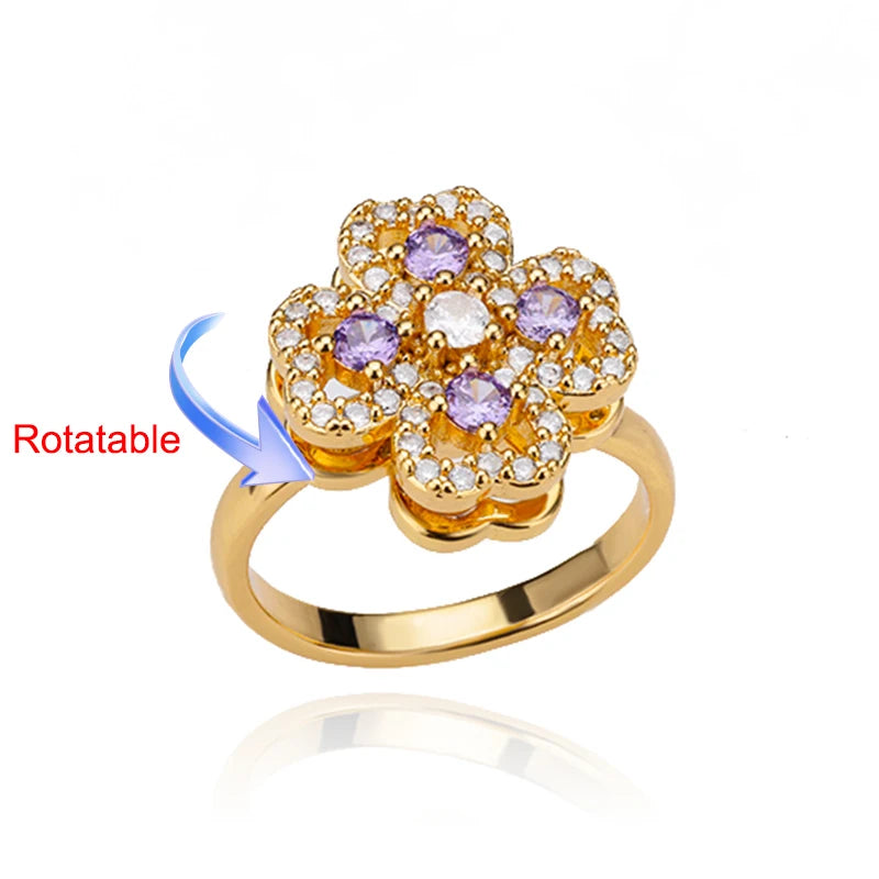 Rotating Four-Leaf Clover Ring — Anti-Stress Pave Zircon Gold Band