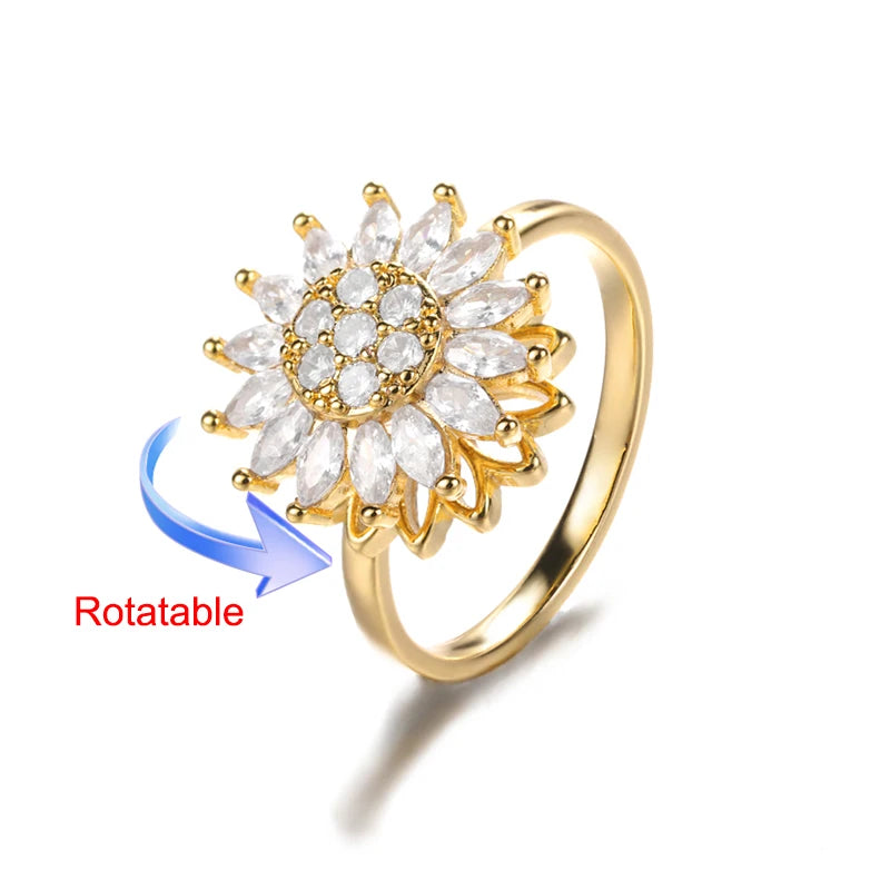Rotating Four-Leaf Clover Ring — Anti-Stress Pave Zircon Gold Band