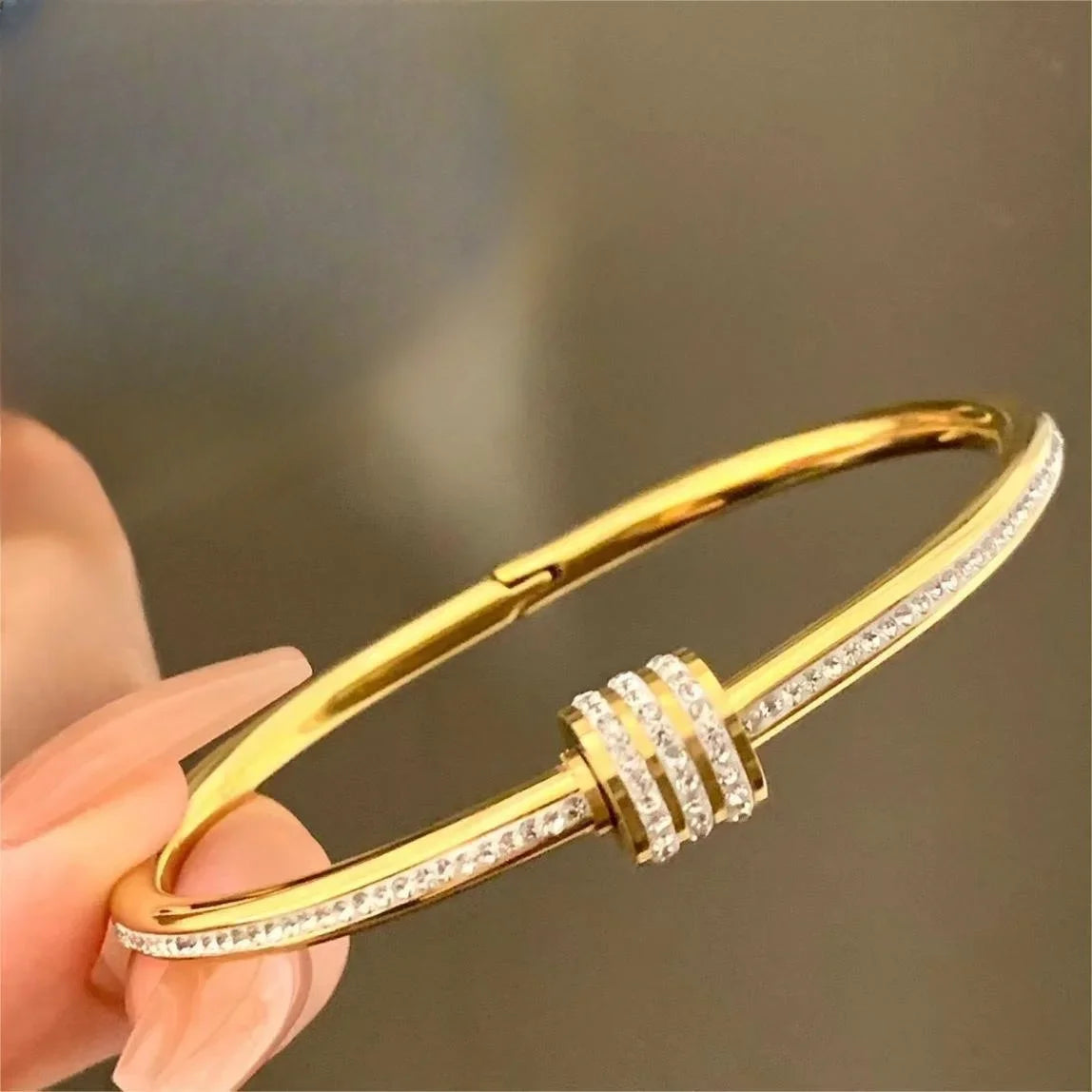 Sparkling Zircon Cuff Bangle — 14K Gold Titanium Steel Bracelet for Women