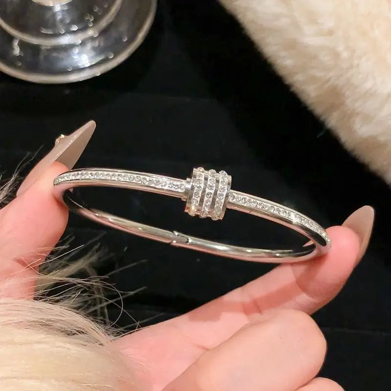 Sparkling Zircon Cuff Bangle — 14K Gold Titanium Steel Bracelet for Women