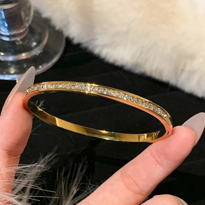 Sparkling Zircon Cuff Bangle — 14K Gold Titanium Steel Bracelet for Women