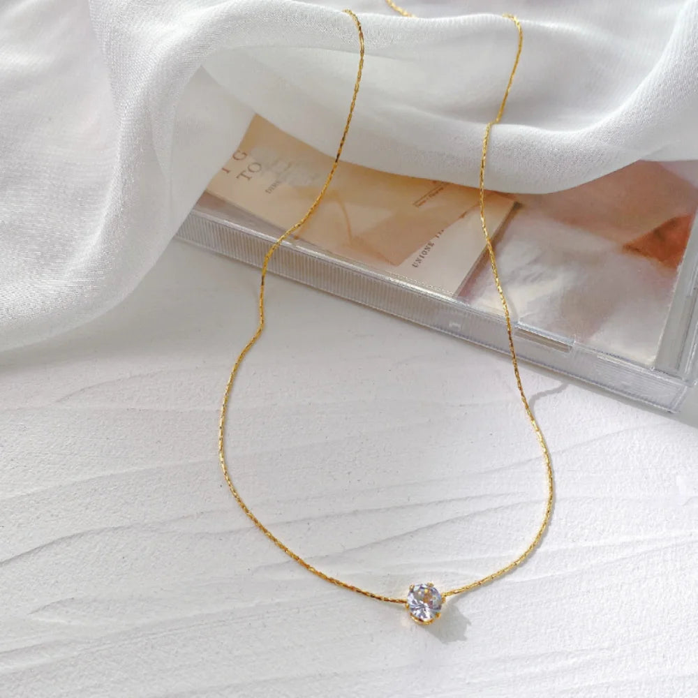Gold Zircon Charm Necklace – Anti-Tarnish Stainless Steel Layering Chain