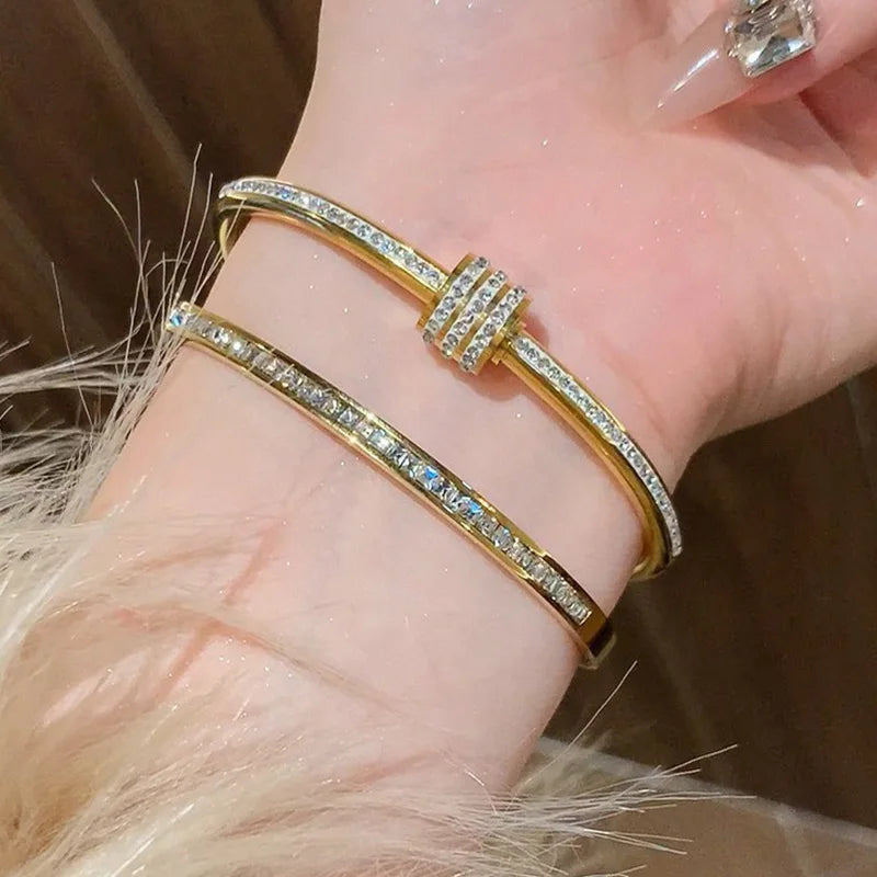 Sparkling Zircon Cuff Bangle — 14K Gold Titanium Steel Bracelet for Women