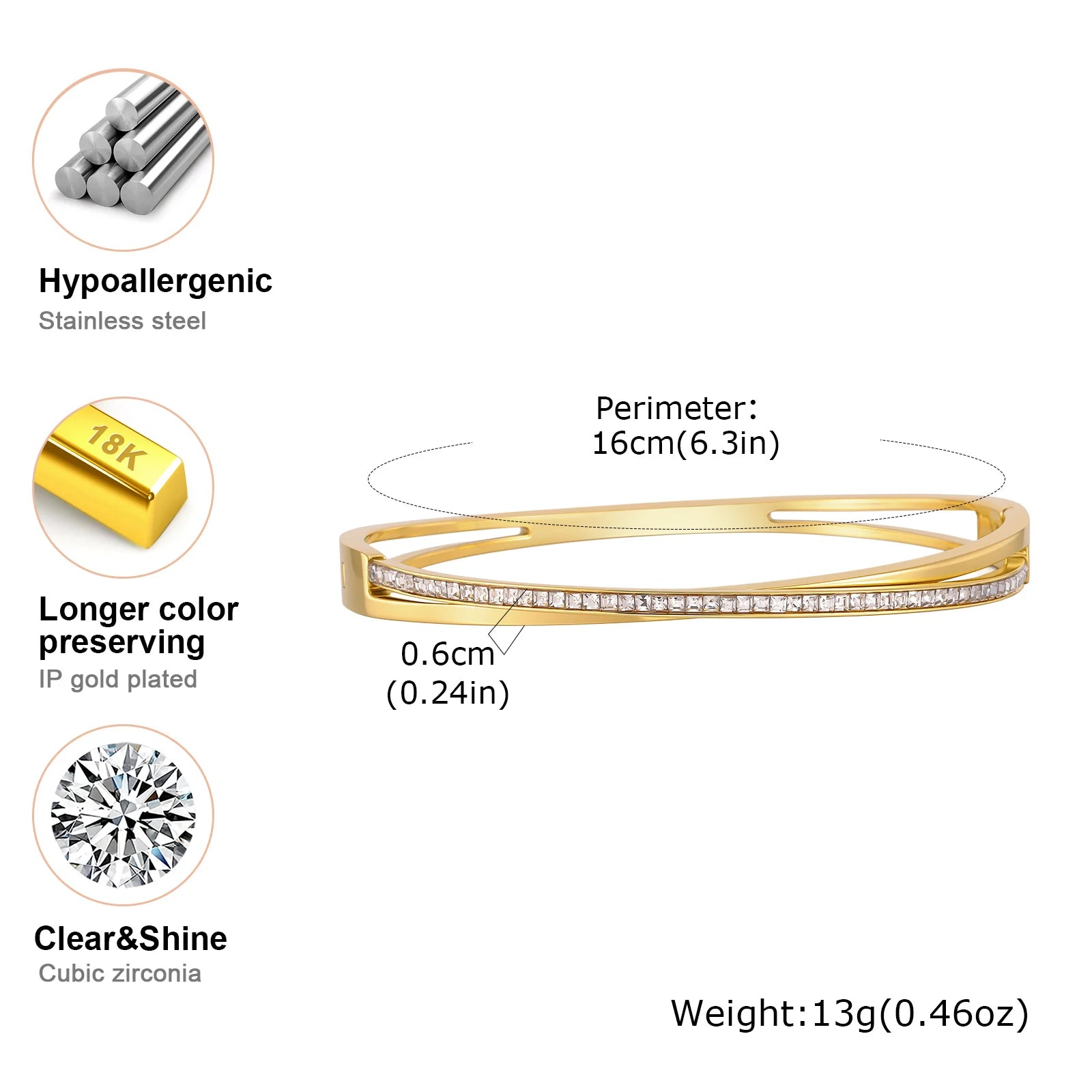Shiny Zircon Crossed Bangle 