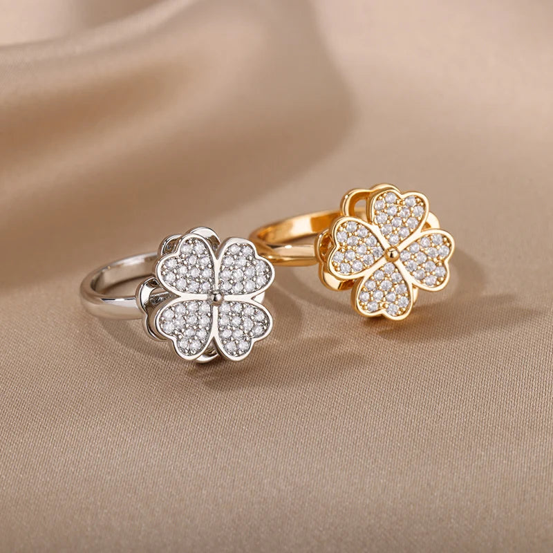 Rotating Four-Leaf Clover Ring — Anti-Stress Pave Zircon Gold Band