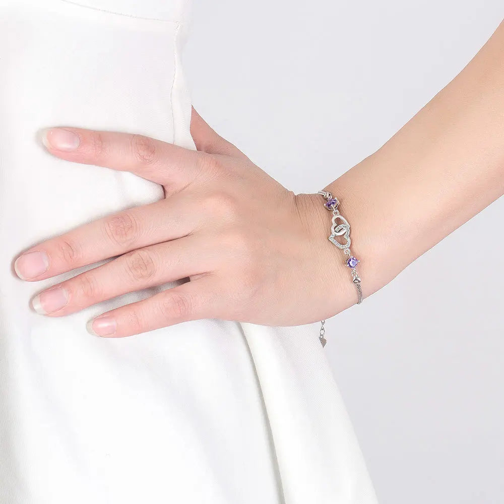 Natural Amethyst & Zircon Heart Bracelet | 925 Sterling Silver Charm Jewelry