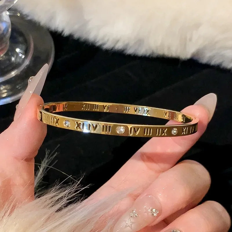 Sparkling Zircon Cuff Bangle — 14K Gold Titanium Steel Bracelet for Women