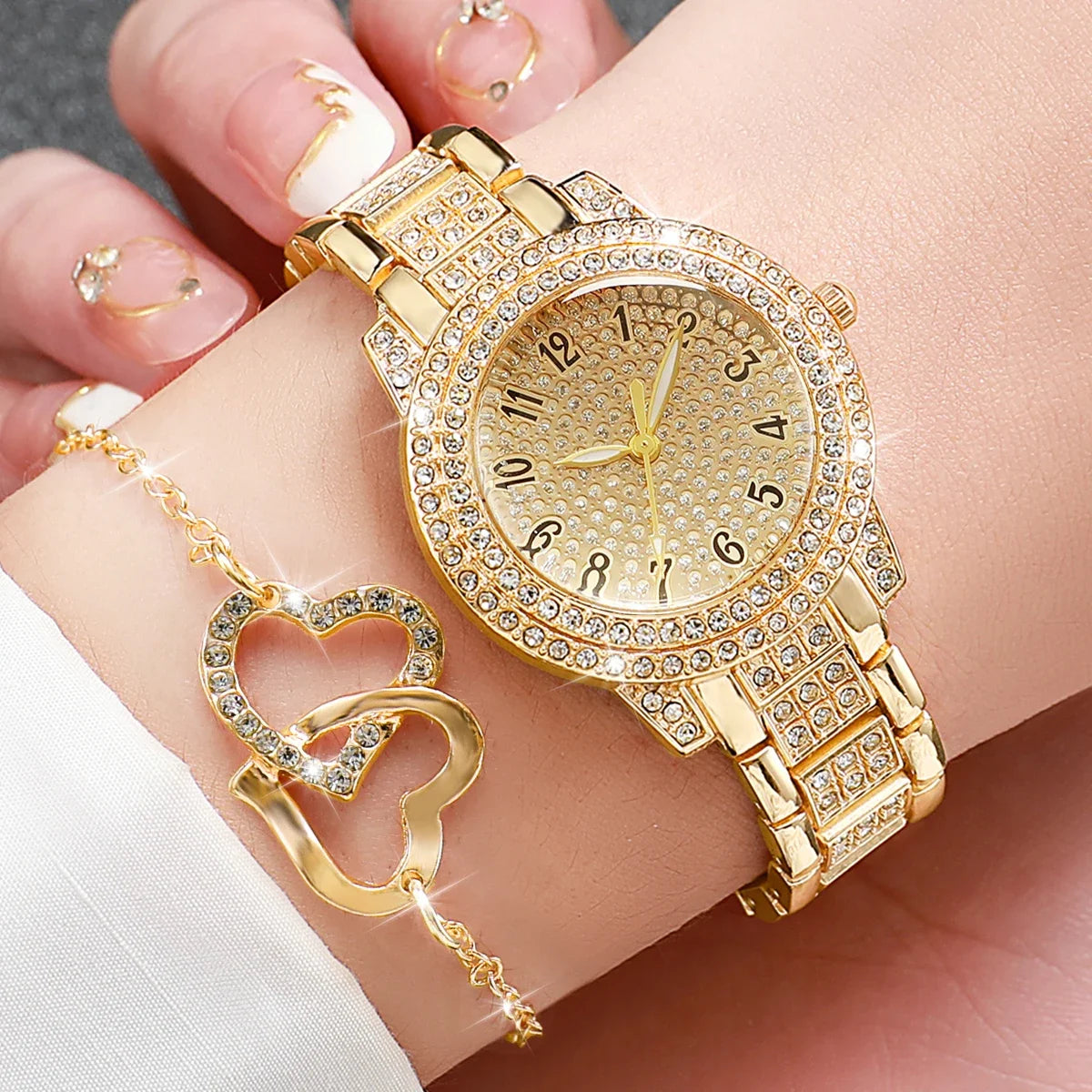 Luxe Heart Jewelry Set with Rhinestone Quartz Watch – 6 Pcs Stainless Steel