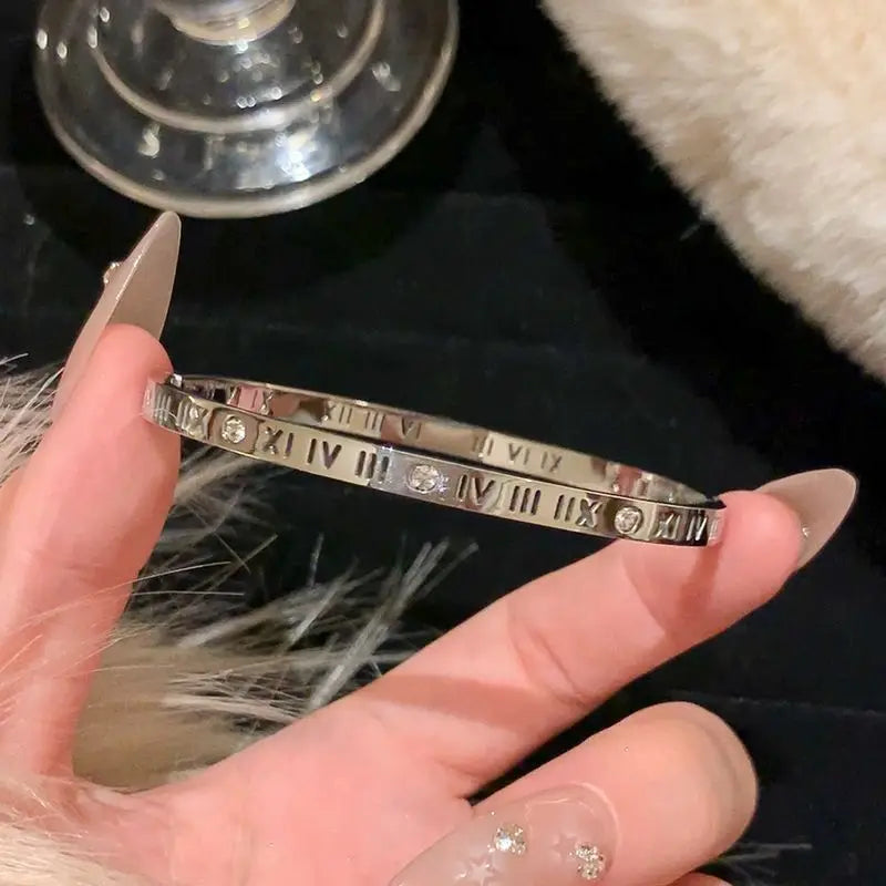Sparkling Zircon Cuff Bangle — 14K Gold Titanium Steel Bracelet for Women