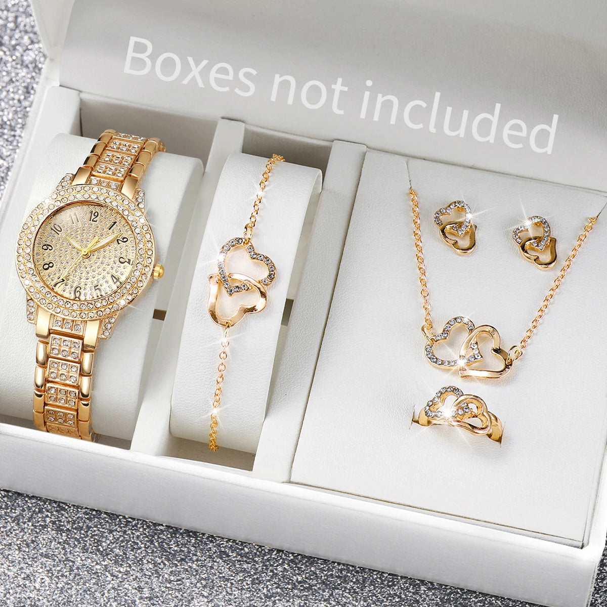 Luxe Heart Jewelry Set with Rhinestone Quartz Watch – 6 Pcs Stainless Steel