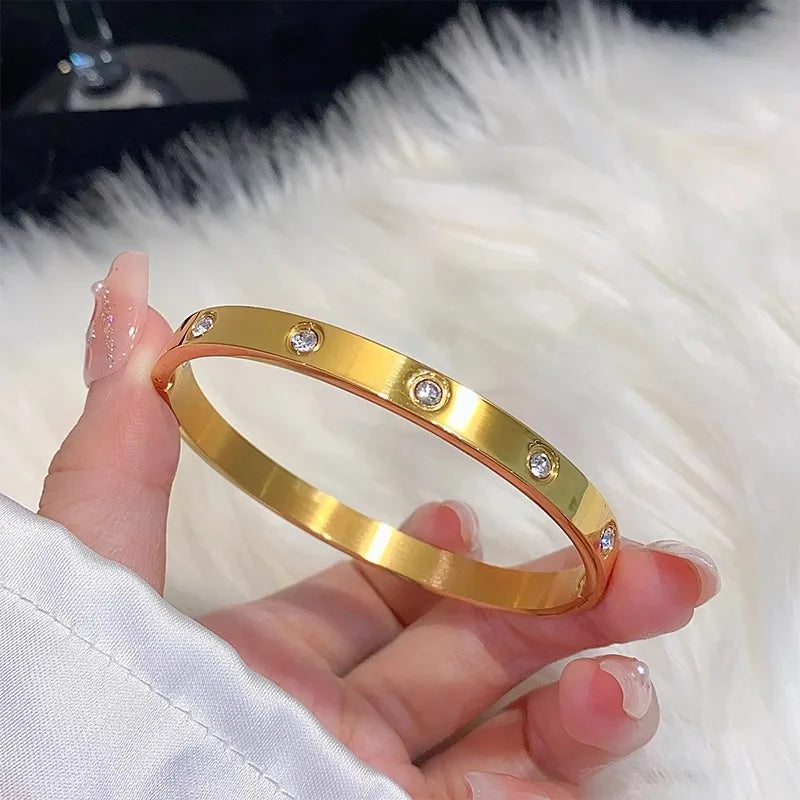 Sparkling Zircon Cuff Bangle — 14K Gold Titanium Steel Bracelet for Women