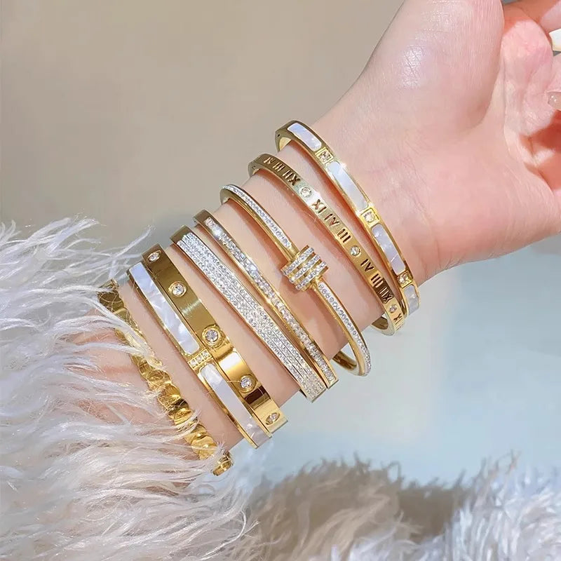 Sparkling Zircon Cuff Bangle — 14K Gold Titanium Steel Bracelet for Women