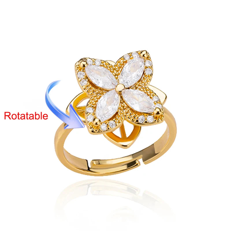 Rotating Four-Leaf Clover Ring — Anti-Stress Pave Zircon Gold Band