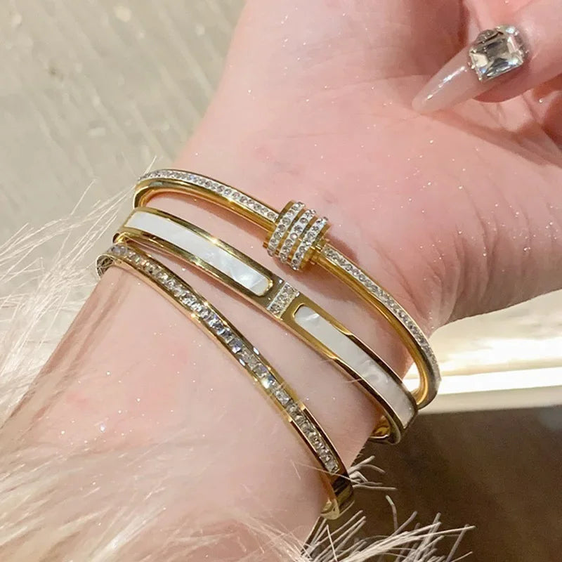 Sparkling Zircon Cuff Bangle — 14K Gold Titanium Steel Bracelet for Women