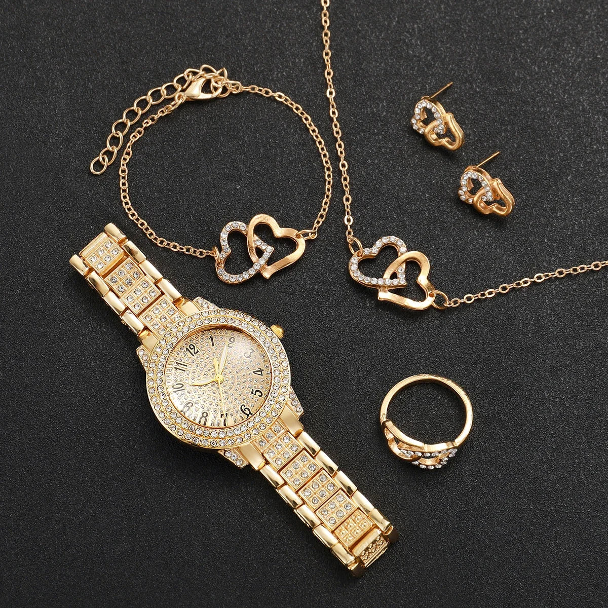 Luxe Heart Jewelry Set with Rhinestone Quartz Watch – 6 Pcs Stainless Steel