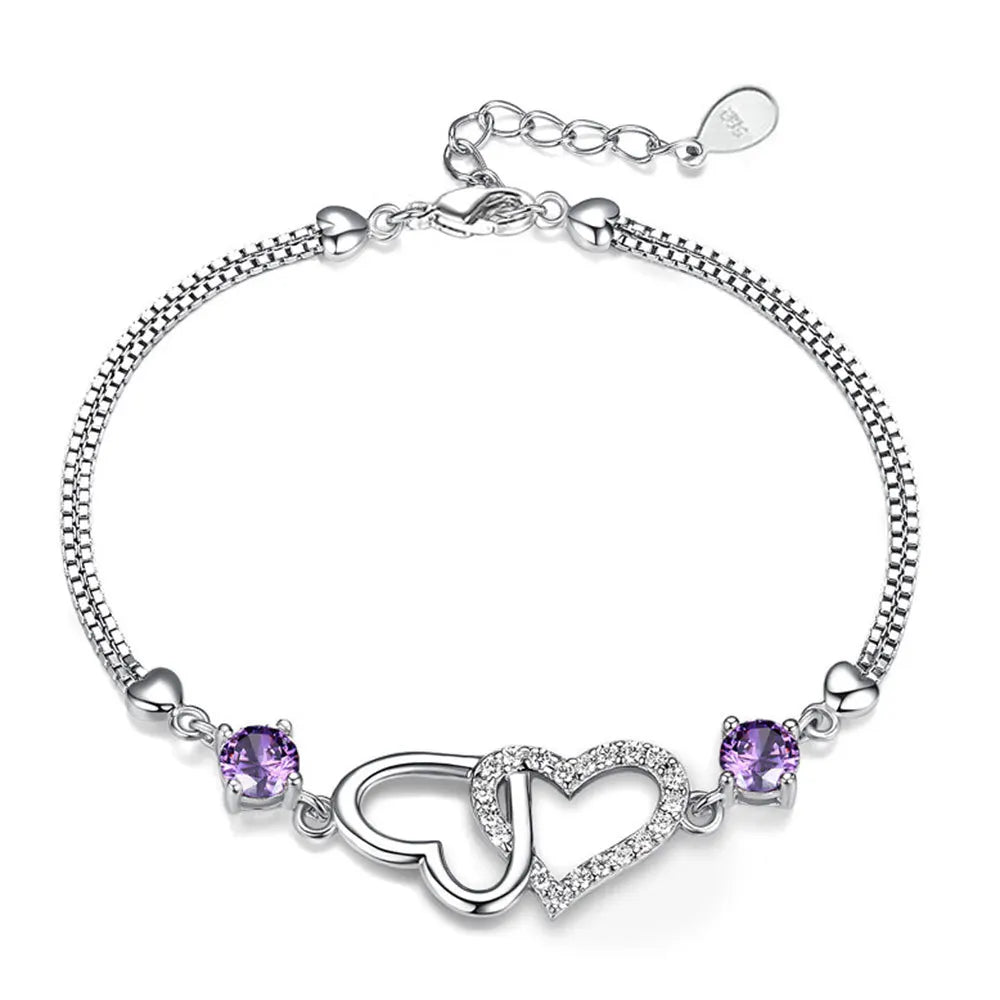 Natural Amethyst & Zircon Heart Bracelet | 925 Sterling Silver Charm Jewelry